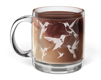 Humming Birds Engraved Glass Coffee Mug, 12.25oz (Engraving)