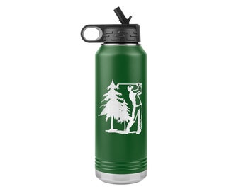 Laser Etched Water Bottle - 32 oz Stainless Steel with Swinging Golfer Golf Art Design - Perfect Gift for Golf Lovers