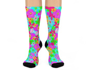 Vintage 60s Style Floral Crew Socks - Cushioned, Retro Hyper Flower Design, Soft and  Comfy Unisex Socks Perfect for Gifts