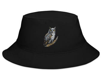 Horned Owl Embroidered Bucket Hat - Stylish Wildlife Accessory for Men & Women, Adjustable Summer Sun Hat, Unique Nature Gift