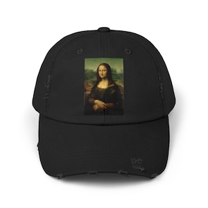 Retouched Copy of Mona Lisa by Leonardo da Vinci, Unisex Distressed Hat, Renaissance Art Retro Painter Graphic Headwear