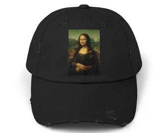 Retouched Copy of Mona Lisa by Leonardo da Vinci, Unisex Distressed Hat, Renaissance Art Retro Painter Graphic Headwear