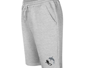 Diving with Sharks Men's Fleece Shorts - Hammerhead & Diver Embroidery, Beachwear, Gift for Diver, Summer Style