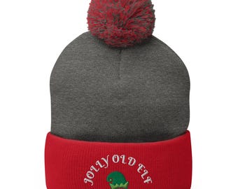 Embroidered Jolly Old Elf Beanie with Pom: Christmas Knit Holiday Cap