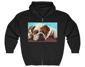 Sleeping Bulldog Full Zip Hoodie, Bulldog Lover Gift, Cozy Hooded Sweatshirt, Unisex Zip Up Jacket, Dog Mom Dad Present
