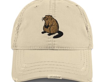 Beaver Embroidered Distressed Hat, Unisex Adult Cap, Casual Outdoor Style, Gift for Him & Her, Trendy Headwear