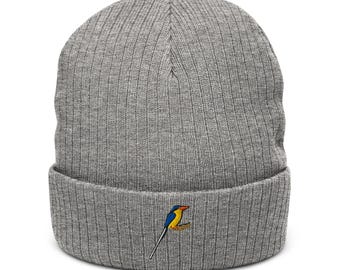 Paradise Kingfisher Beanie | Embroidered Bird Design | Cozy Ribbed Knit Hat