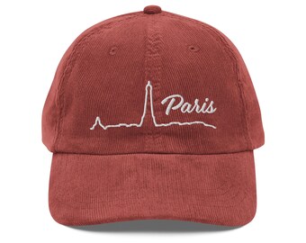 Minimalist Paris Skyline Line Art Embroidered Vintage Corduroy Cap - Trendy Hat for Stylish Outfits & Unique Gift Idea