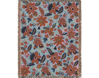 18th Century French Floral Woven Cotton Throw Blanket, Botanical Tapestry, Fringed Edges