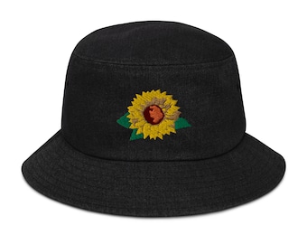 Sunflower Embroidered Denim bucket hat