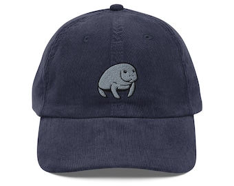 Manatee Embroidered Vintage Corduroy Cap | Unique Gift, Adjustable, Casual Headwear, Nautical Style Accessory for Sea Lovers