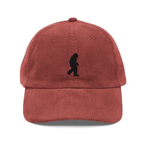 Bigfoot Embroidered Corduroy Hat – Sasquatch Walking Silhouette Cap, Cryptid Dad Hat, Outdoor Hiking Corduroy Hat