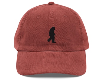 Bigfoot Embroidered Corduroy Hat – Sasquatch Walking Silhouette Cap, Cryptid Dad Hat, Outdoor Hiking Corduroy Hat