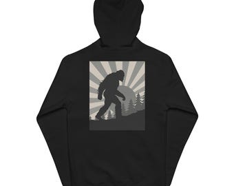 Back Print Bigfoot Hiking Hoodie, Sasquatch Premium Fleece Unisex Zip Up Hooded Sweatshirt