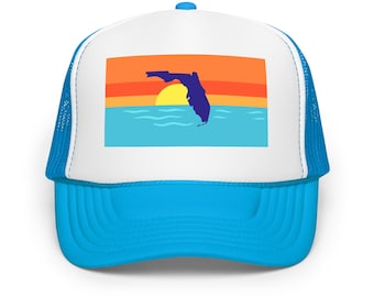 Foam Florida Trucker Hat – Bold Sunrise State Silhouette Cap – Retro Beach Style