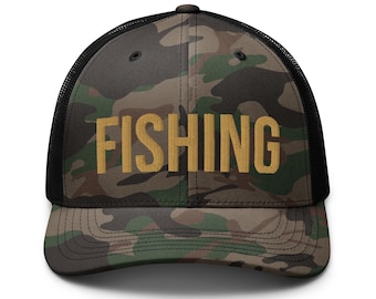 Fishing Embroidered Camo Trucker Hat, Outdoor Angler Cap, Fisherman Gift