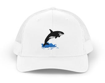 DONWILLISJRART Killer Whale Embroidered Snapback Trucker Hat, Orca Leaping from Blue Water, Cool Sea Creature Trucker Cap