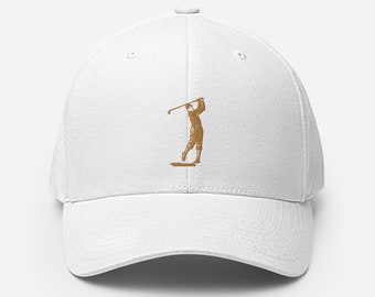 Golfer Swinging Embroidered Cap - Fitted, Structured Twill, Closed Back Hat for Golf Lovers