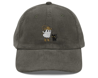 Cute Cowboy Ghost with pet black cat Embroidered Corduroy Halloween Hat