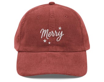 Embroidered Corduroy Christmas Hat – Merry Script Star Cap