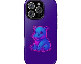 Cute Neon Hippo Tough Phone Cases for iPhone and Samsung, 80s Retro Accessories, Cute Cartoon Pink Blue Cover, Kawaii Phone
