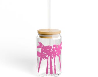 Iced Coffee Pink Palm Trees Sipper Glass, 16oz