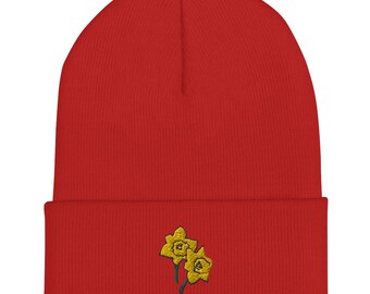 Cuffed Beanie Embroidered Daffodils Floral Art Design One Size Adult Unisex