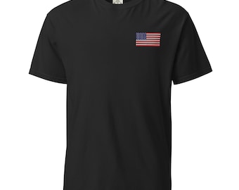Embroidered USA Flag T-Shirt Unisex Heavyweight Garment-Dyed Cotton Tee Patriotic Top