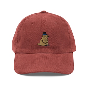 Groundhog with Top Hat Embroidered Vintage Corduroy Cap | Unique Gift for Hat Lovers & Nature Fans