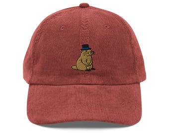 Groundhog with Top Hat Embroidered Vintage Corduroy Cap | Unique Gift for Hat Lovers & Nature Fans