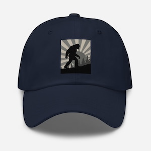 Retro Bigfoot Silhouette Dad Hat, Grayscale Forest Scene, Cryptid Core Wilderness Art, Adjustable Chino Cotton Twill Cap