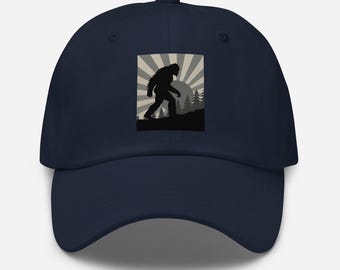 Retro Bigfoot Silhouette Dad Hat, Grayscale Forest Scene, Cryptid Core Wilderness Art, Adjustable Chino Cotton Twill Cap