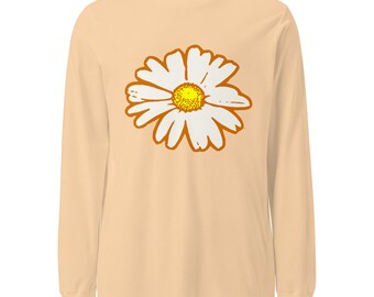 White Daisy Unisex Long Sleeve Tee - Floral Graphic Shirt, Casual Comfort, Soft Cotton, All Sizes, Unique Gift Idea