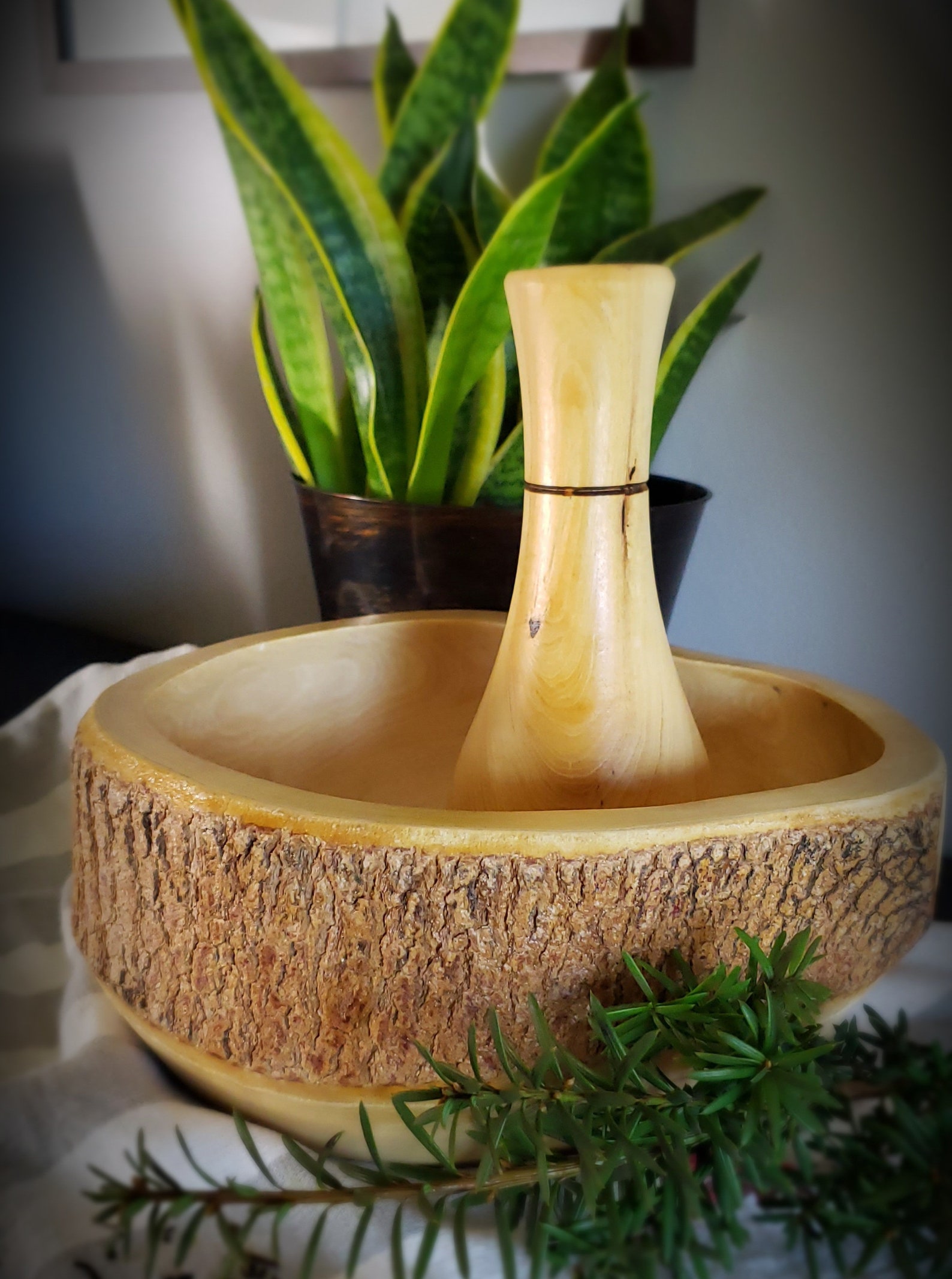 Rustic Handmade Large Wooden Mortar and Pestle, Organic Natural Kitchenware, Unique Handcarved