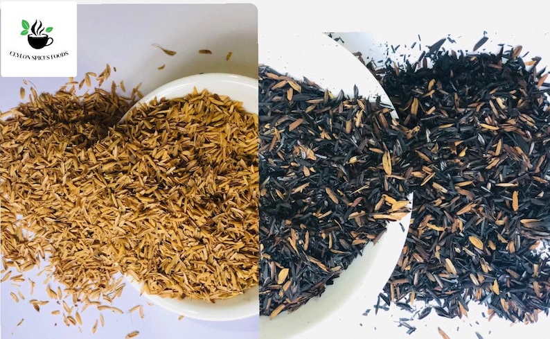 May include: Two bowls of brown rice husk, one bowl is filled with natural brown rice husk, the other bowl is filled with black rice husk.