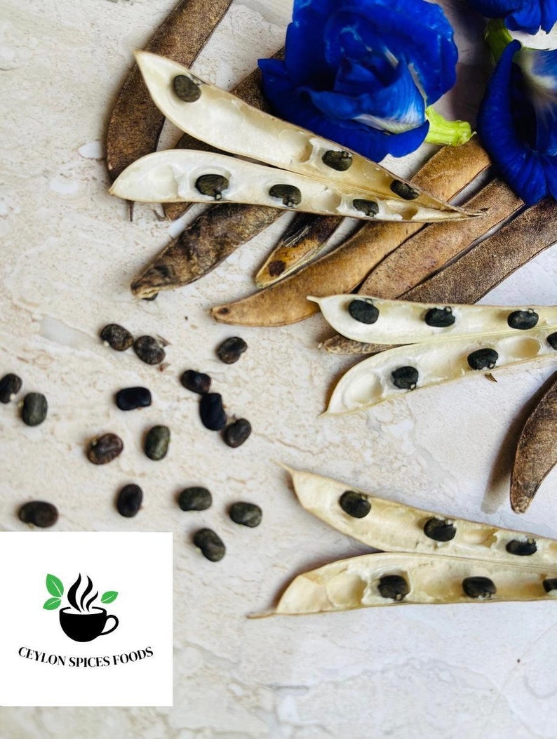May include: Close-up of butterfly pea flower pods, open to reveal black seeds. The pods are light brown and white, with a light beige background. The flower is blue and purple.