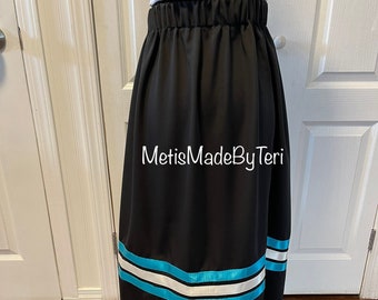 Handmade Metis Ribbon Skirt: Black Polyester with Teal & Cream Satin Ribbons
