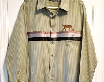 Men's Ribbon Shirt: Beige Cougar Design, Satin Ribbons