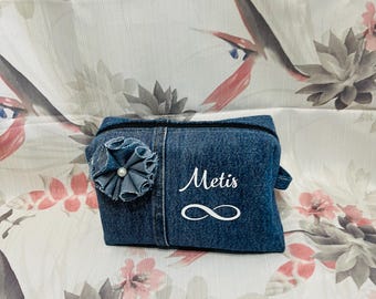 Handmade Denim Makeup Bag: Boxy Cosmetic Bag with Flower