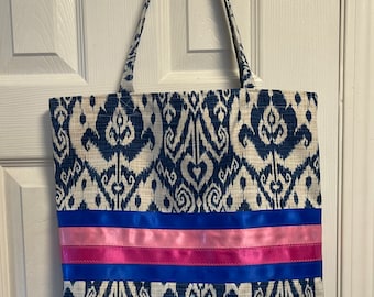 Handmade Ribbon Tote Bag: Indigenous Style, Upholstery Fabric