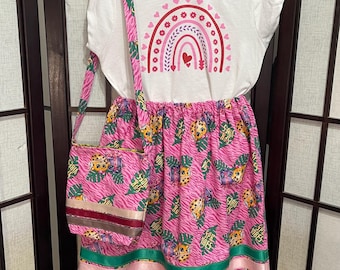 Little Girl's ribbon skirt and crossbody bag, 100% cotton, satin ribbons. Handmade with love.