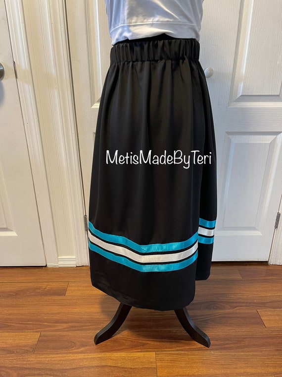 Handmade Metis Ribbon Skirt: Black Polyester With Teal & Cream