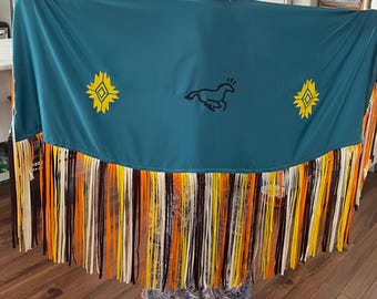 Native women's teal satin dance shawl with colored fringe