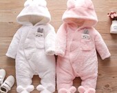 Winter Baby Solid Fleece Rabbit Hooded JumpsuitBaby Unisex Sweet Jumpsuits Baby Clothes