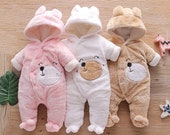 Baby Bear Warm Fleece Hooded Jumpsuit Baby Rompers Baby Warm Clothing