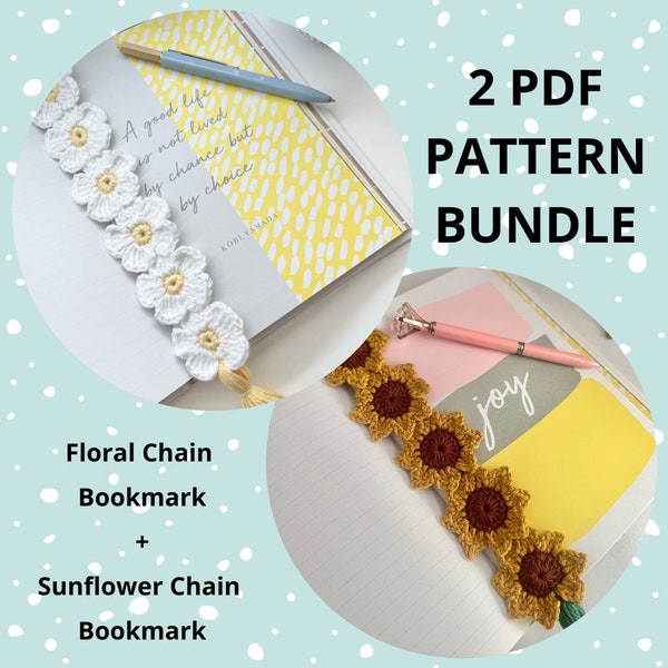 2 PATTERN BUNDLE, crochet flower bookmark, crochet sunflower, crochet flowers, bookmark pattern, crochet daisy flower, sunflower bookmark