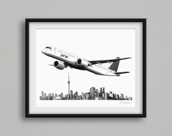 Porter Airlines Embraer E195 over Toronto Skyline Art Print: Aviation Pen & Ink Illustration