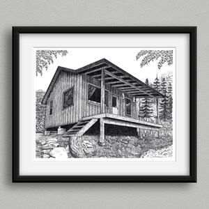 Cabaña en el bosque, Ilustración de arquitectura, Obra de arte original, Dibujo con pluma y tinta, Impresión de arte