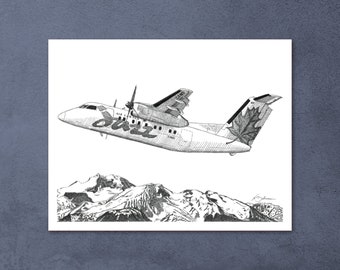 Jazz Dash 8 Airplane over mountains, Aviation Illustration, Original Artwork, Pen & Ink Drawing, Art Print