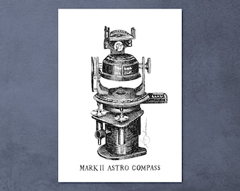 Mark II Astro Compass, Aviation Illustration, Original Artwork, Pen & Ink Drawing, Art Print